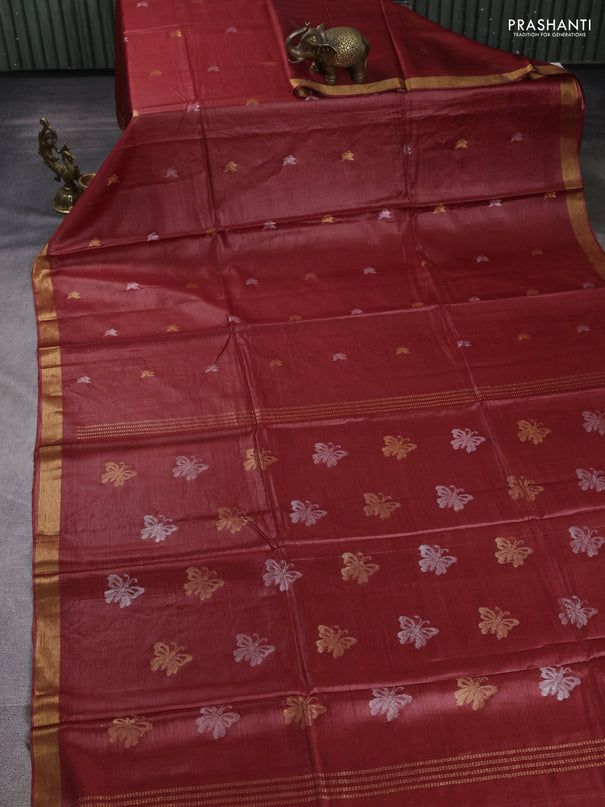Banana silk saree maroon with allover silver & zari woven buttas and zari woven border