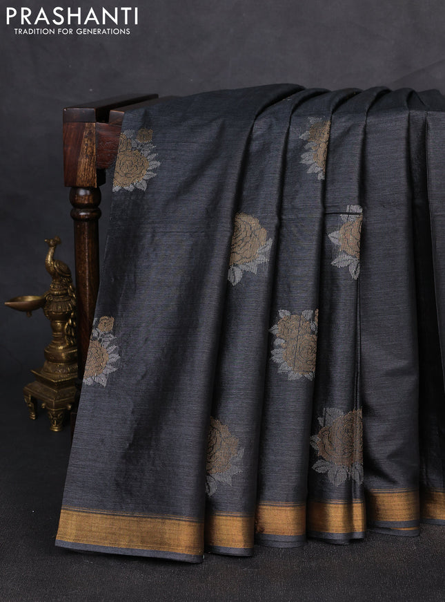 Banana silk saree elephant grey with zari woven buttas and zari woven border