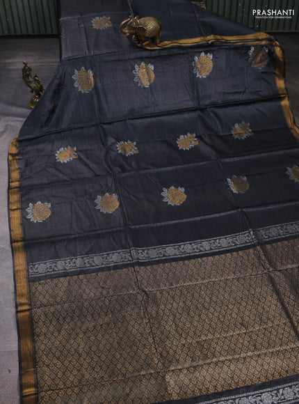 Banana silk saree elephant grey with zari woven buttas and zari woven border