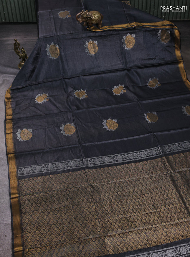 Banana silk saree elephant grey with zari woven buttas and zari woven border