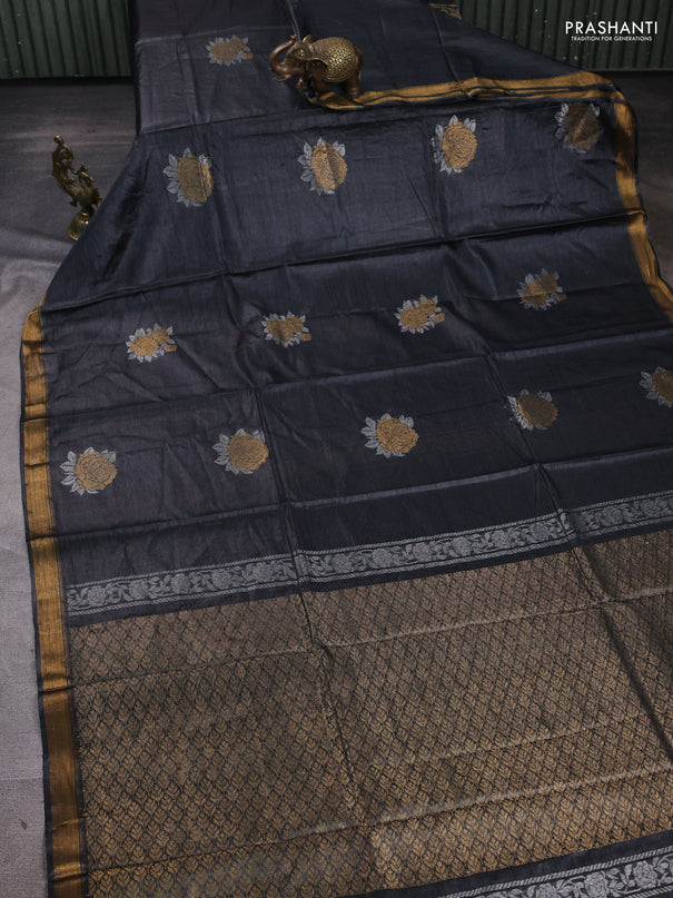 Banana silk saree elephant grey with zari woven buttas and zari woven border