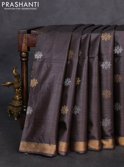 Banana silk saree coffee brown with allover silver & gold zari woven buttas and zari woven border