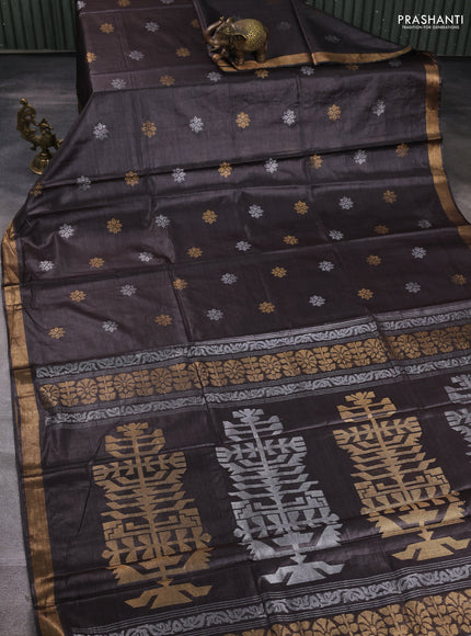 Banana silk saree coffee brown with allover silver & gold zari woven buttas and zari woven border