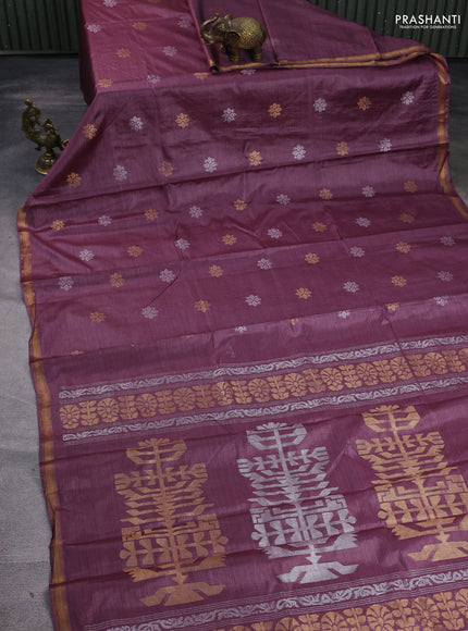 Banana silk saree purple with allover silver & gold zari woven buttas and zari woven border