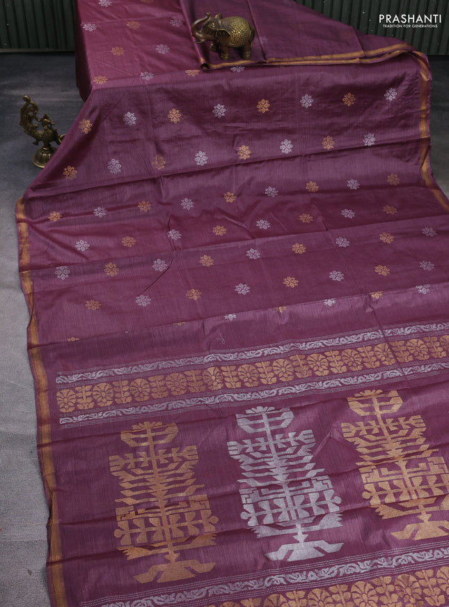 Banana silk saree purple with allover silver & gold zari woven buttas and zari woven border