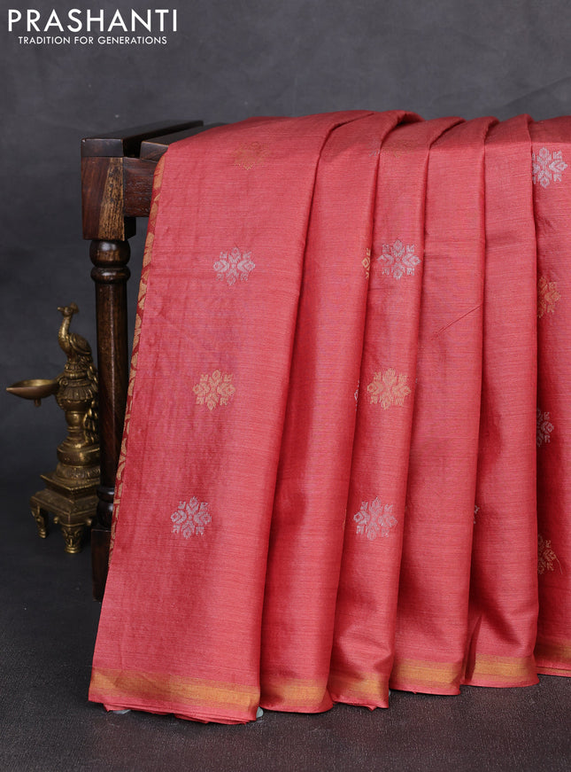 Banana silk saree maroon with allover silver & gold zari woven buttas and zari woven border