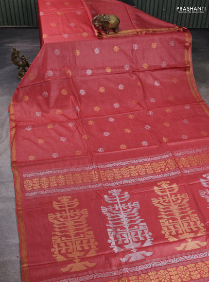 Banana silk saree maroon with allover silver & gold zari woven buttas and zari woven border