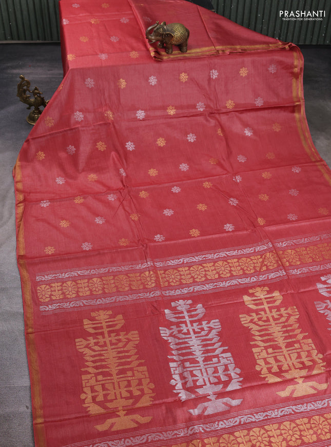 Banana silk saree maroon with allover silver & gold zari woven buttas and zari woven border