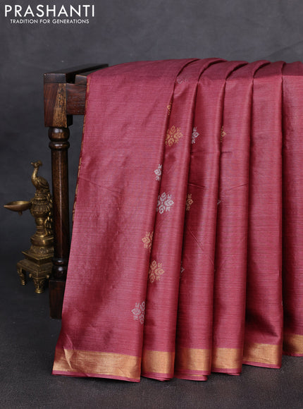 Banana silk saree wine shade with allover silver & gold zari woven buttas and zari woven border