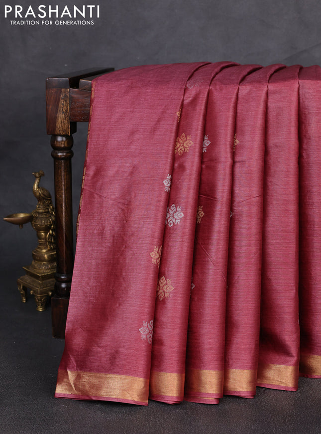 Banana silk saree wine shade with allover silver & gold zari woven buttas and zari woven border