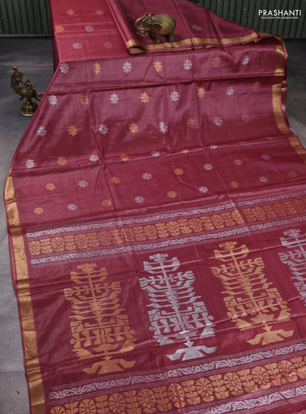 Banana silk saree wine shade with allover silver & gold zari woven buttas and zari woven border