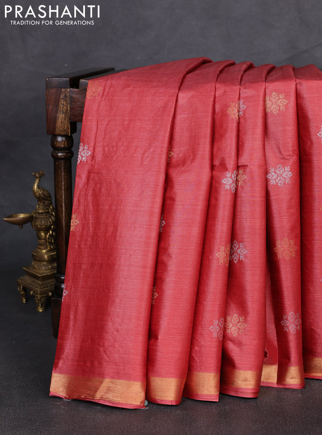Banana silk saree rust shade with allover silver & gold zari woven buttas and zari woven border