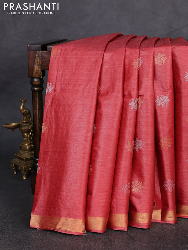 Banana silk saree rust shade with allover silver & gold zari woven buttas and zari woven border