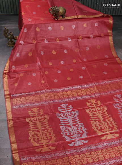 Banana silk saree rust shade with allover silver & gold zari woven buttas and zari woven border