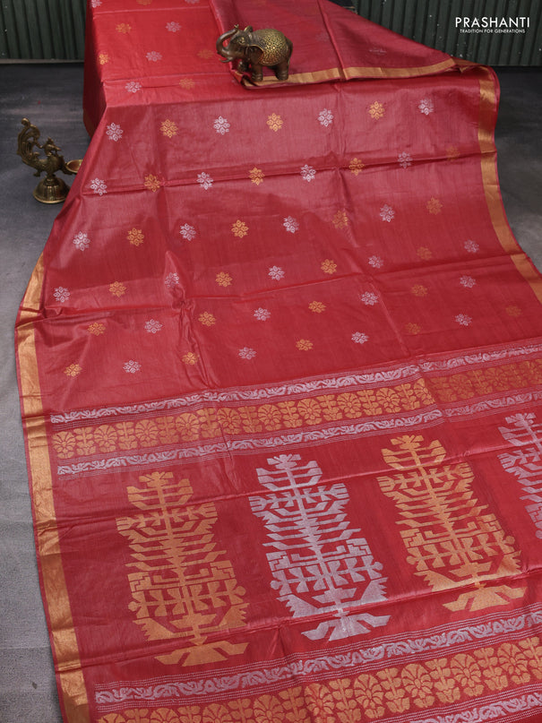 Banana silk saree rust shade with allover silver & gold zari woven buttas and zari woven border
