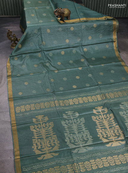 Banana silk saree green with allover thread & gold zari woven buttas and zari woven border
