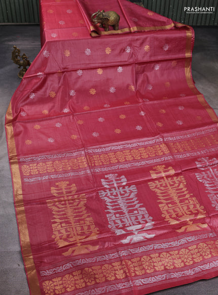 Banana silk saree pink with allover silver & gold zari woven buttas and zari woven border