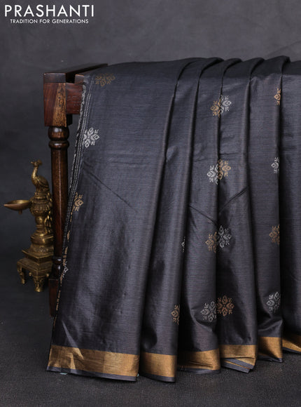 Banana silk saree dark grey with allover silver & gold zari woven buttas and zari woven border