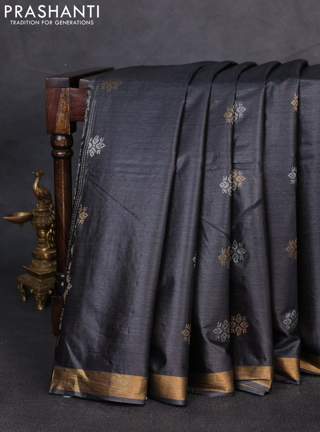 Banana silk saree dark grey with allover silver & gold zari woven buttas and zari woven border