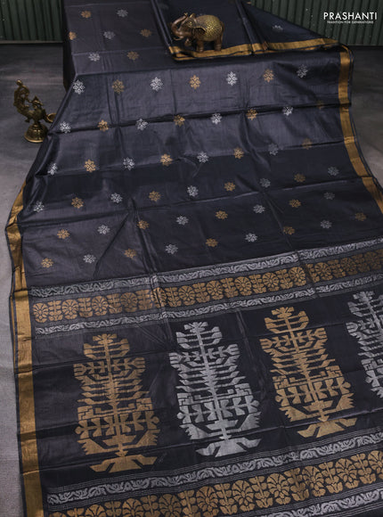 Banana silk saree dark grey with allover silver & gold zari woven buttas and zari woven border