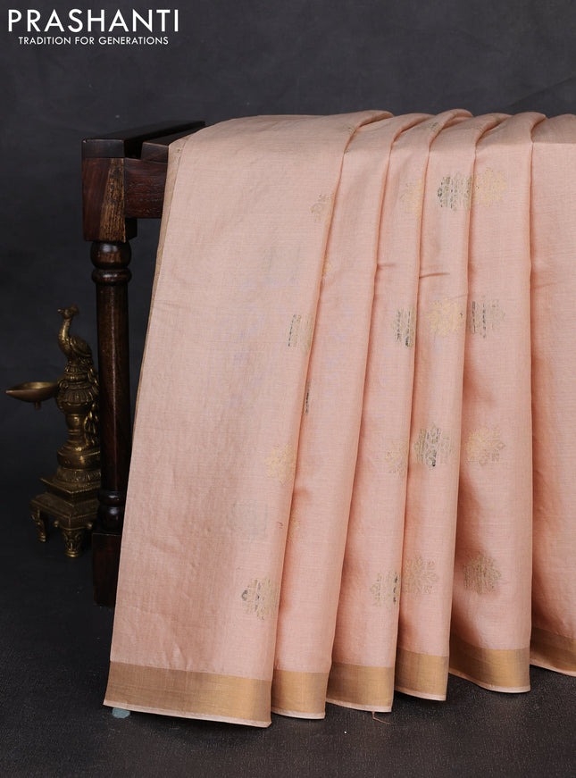 Banana silk saree peach shade with allover thread & gold zari woven buttas and zari woven border