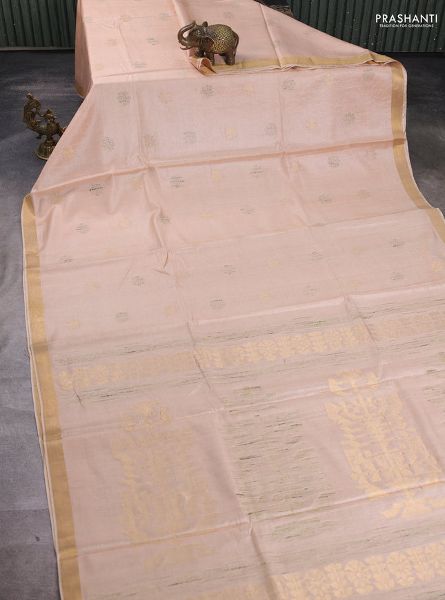 Banana silk saree peach shade with allover thread & gold zari woven buttas and zari woven border