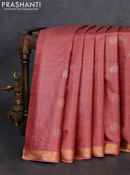 Banana silk saree maroon with allover silver & gold zari woven buttas and zari woven border