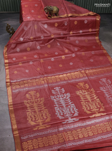 Banana silk saree maroon with allover silver & gold zari woven buttas and zari woven border