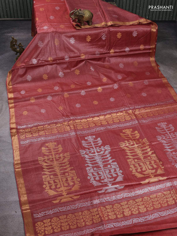 Banana silk saree maroon with allover silver & gold zari woven buttas and zari woven border