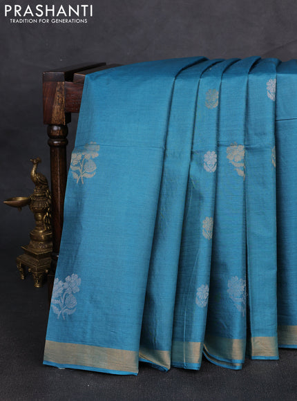 Banana silk saree blue shade with silver & gold zari woven buttas and zari woven border
