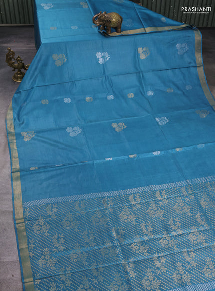 Banana silk saree blue shade with silver & gold zari woven buttas and zari woven border