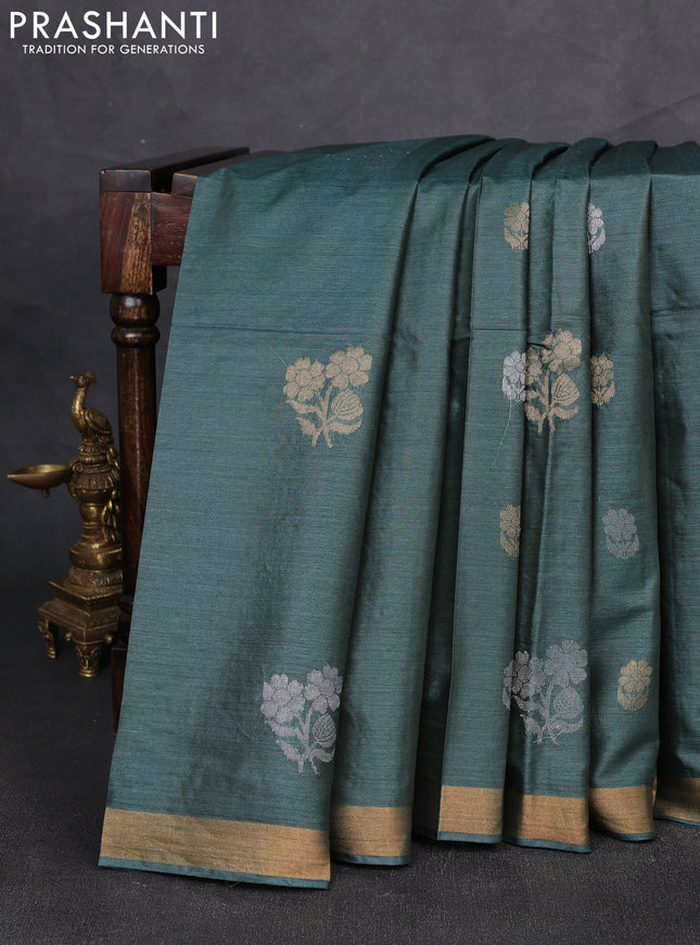 Banana silk saree peacock green with silver & gold zari woven buttas and zari woven border