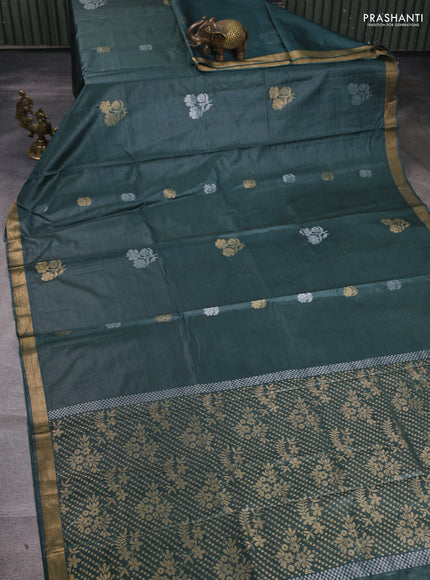 Banana silk saree peacock green with silver & gold zari woven buttas and zari woven border