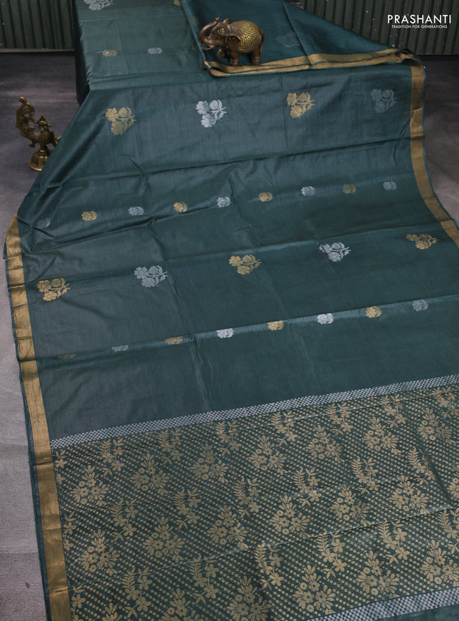 Banana silk saree peacock green with silver & gold zari woven buttas and zari woven border