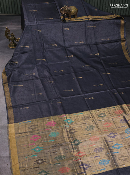 Banana silk saree dark grey with zari woven muniya buttas and zari woven border