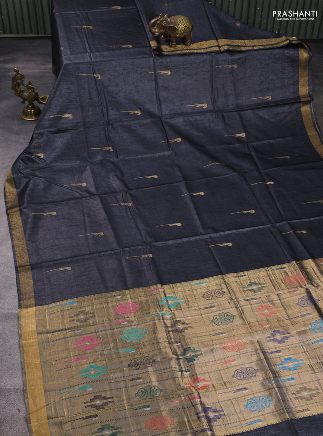 Banana silk saree dark grey with zari woven muniya buttas and zari woven border