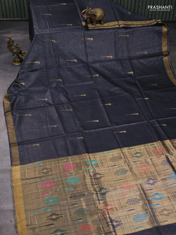 Banana silk saree dark grey with zari woven muniya buttas and zari woven border