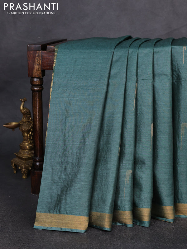 Banana silk saree peacock green with zari woven muniya buttas and zari woven border