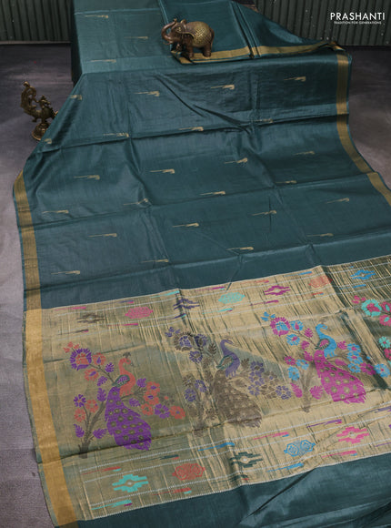 Banana silk saree peacock green with zari woven muniya buttas and zari woven border