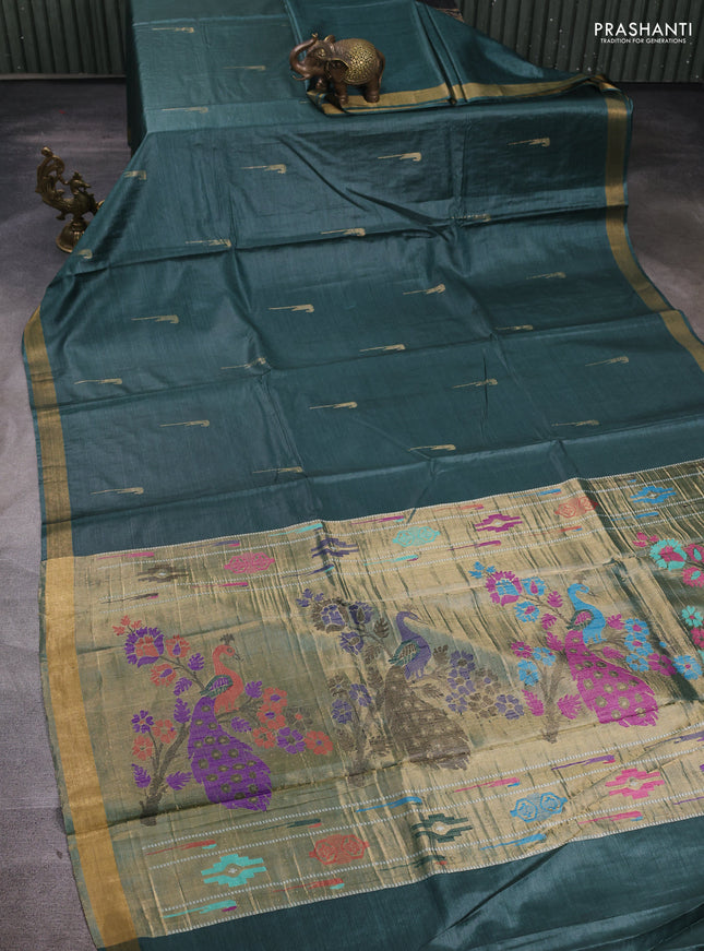 Banana silk saree peacock green with zari woven muniya buttas and zari woven border