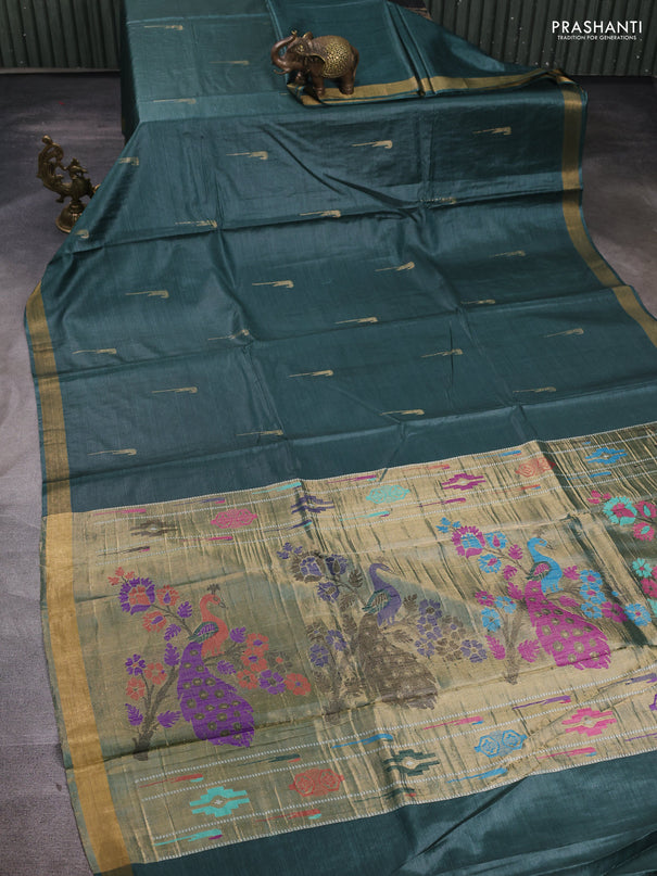 Banana silk saree peacock green with zari woven muniya buttas and zari woven border