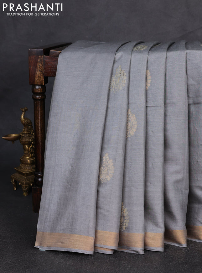 Banana silk saree grey with thread & zari woven buttas and zari woven border