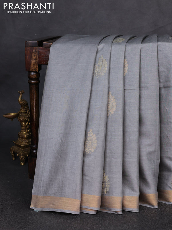 Banana silk saree grey with thread & zari woven buttas and zari woven border