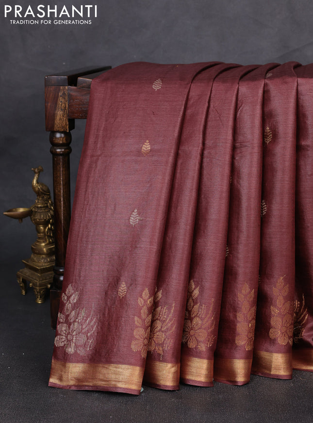 Banana silk saree coffee brown with allover thread & zari woven buttas and zari woven border