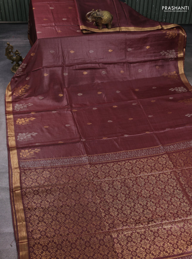 Banana silk saree coffee brown with allover thread & zari woven buttas and zari woven border