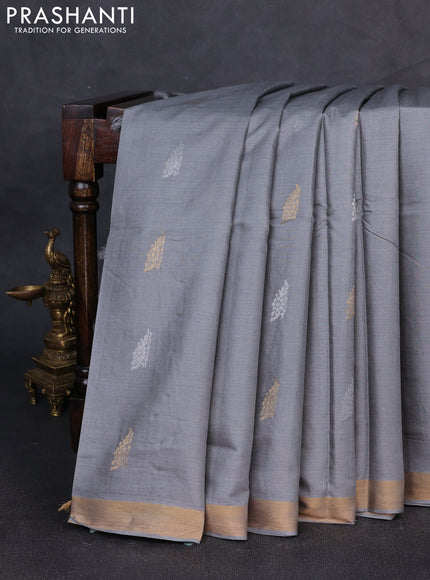 Banana silk saree grey with allover silver & gold zari woven buttas and zari woven border