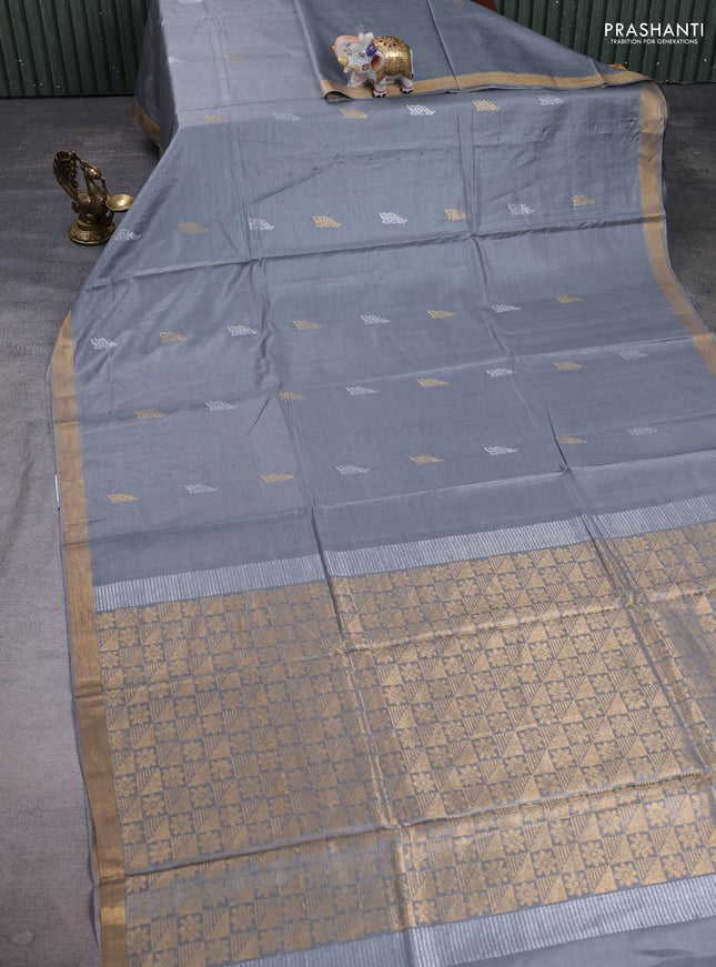 Banana silk saree grey with allover silver & gold zari woven buttas and zari woven border