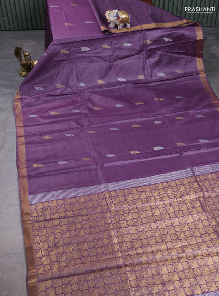 Banana silk saree purple with allover silver & gold zari woven buttas and zari woven border