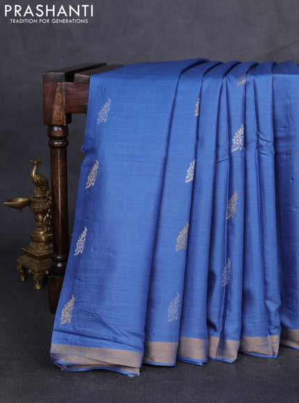 Banana silk saree blue with allover silver & gold zari woven buttas and zari woven border