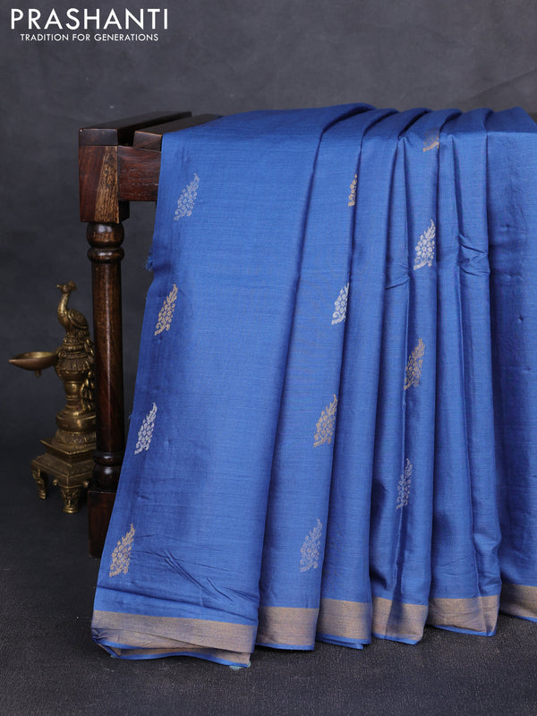 Banana silk saree blue with allover silver & gold zari woven buttas and zari woven border